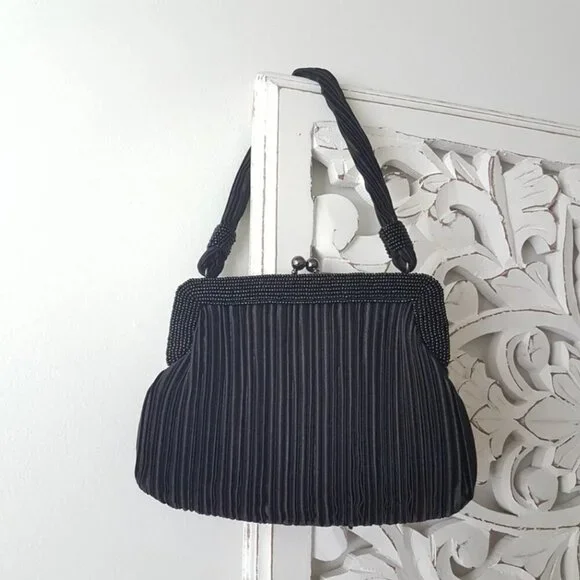 Jessica McClintock Black Beaded Evening Bag with Kiss Lock - Picture 9 of 10